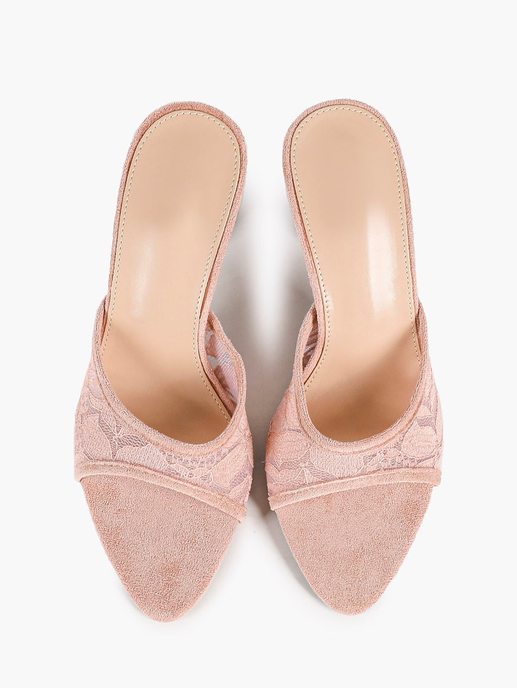 Pink Lace Embroidered Pointed Toe Mule Heels Slip-On Wide Strap Block Heels with Soft Insole
