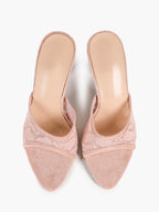 Pink Lace Embroidered Pointed Toe Mule Heels Slip-On Wide Strap Block Heels with Soft Insole