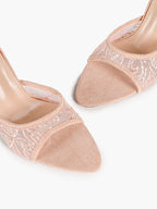 Pink Lace Embroidered Pointed Toe Mule Heels Slip-On Wide Strap Block Heels with Soft Insole
