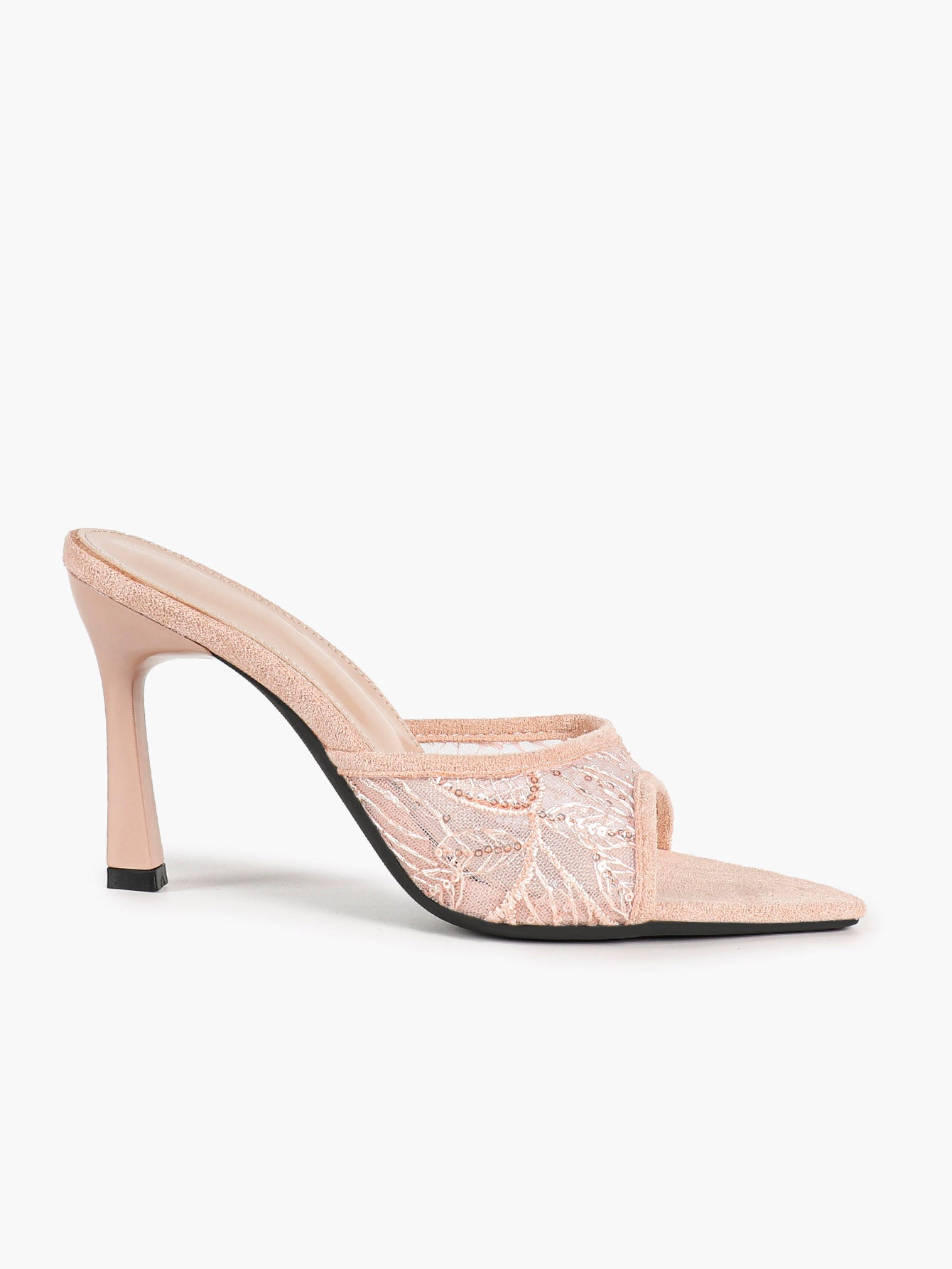 Pink Lace Embroidered Pointed Toe Mule Heels Slip-On Wide Strap Block Heels with Soft Insole