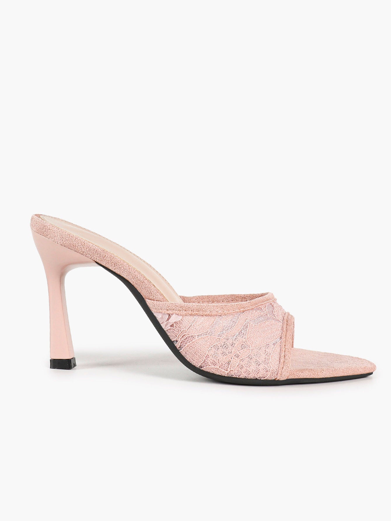 Pink Lace Embroidered Pointed Toe Mule Heels Slip-On Wide Strap Block Heels with Soft Insole