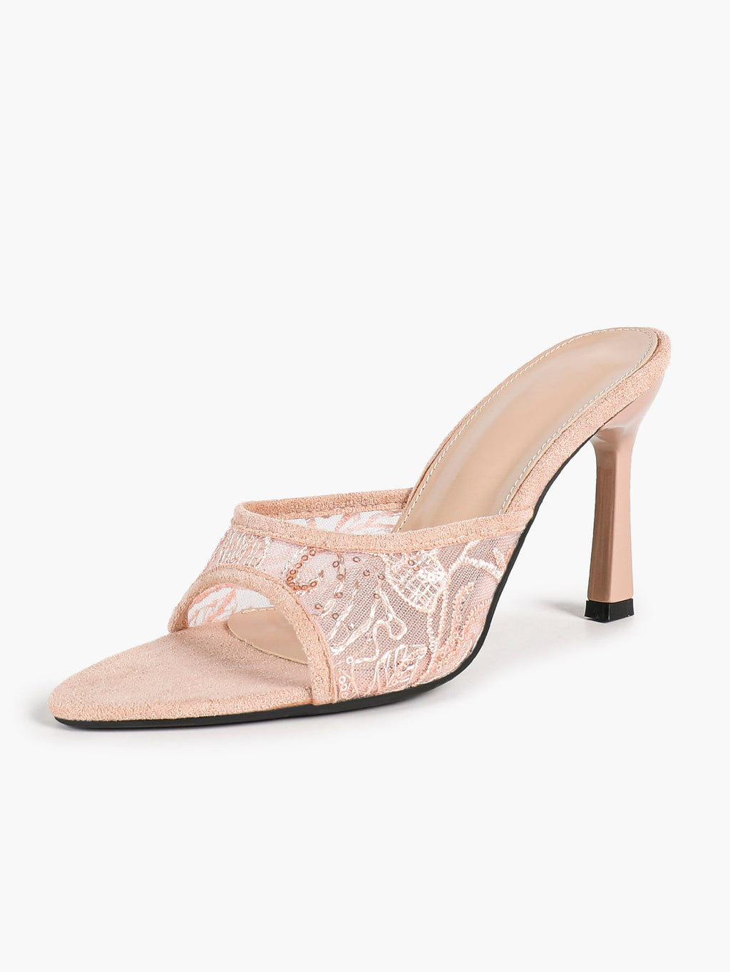 Pink Lace Embroidered Pointed Toe Mule Heels Slip-On Wide Strap Block Heels with Soft Insole