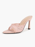 Pink Lace Embroidered Pointed Toe Mule Heels Slip-On Wide Strap Block Heels with Soft Insole
