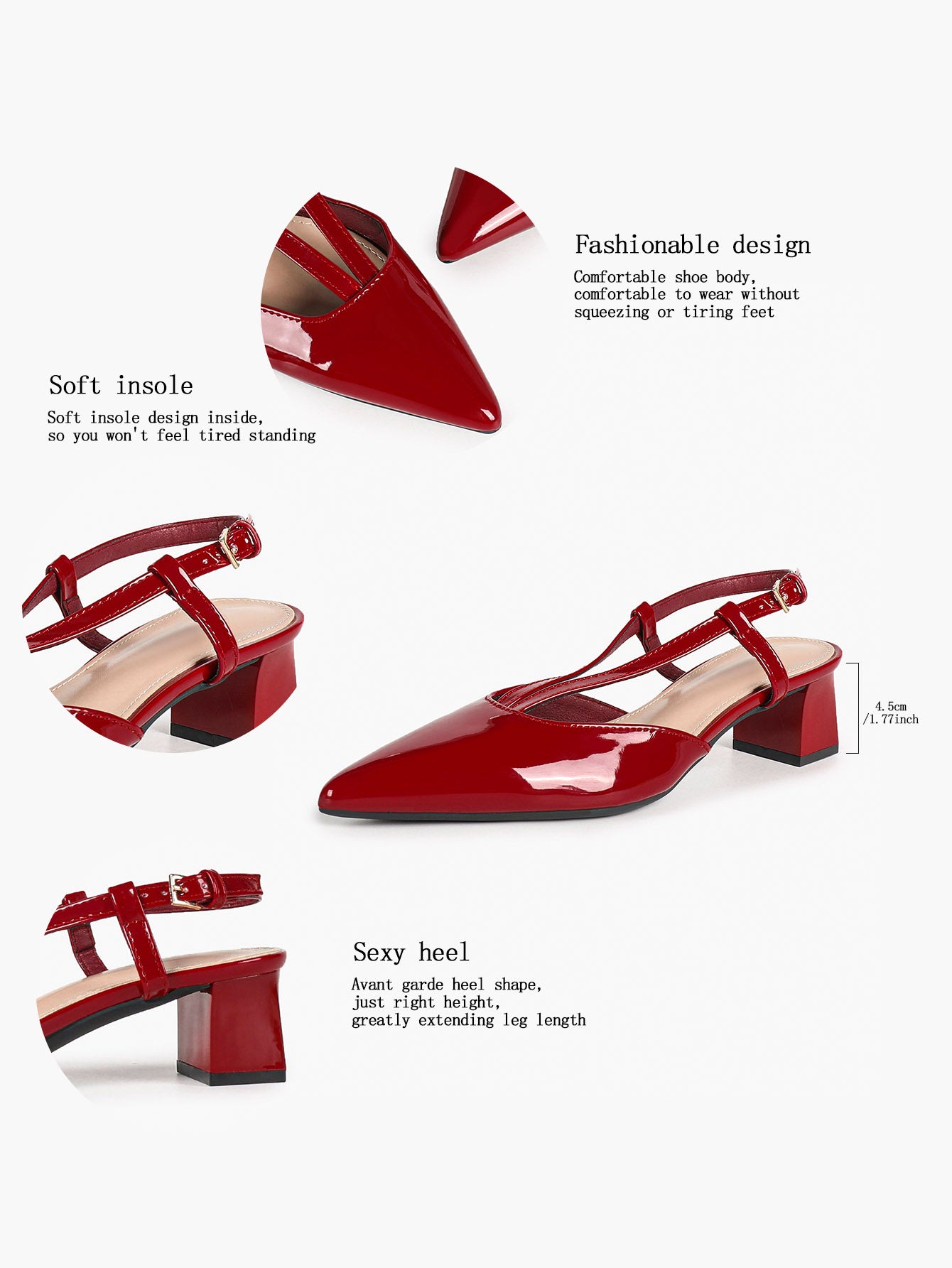 Red Patent V-Strap Slingback Heels with Pointed Toe and Low Block Heel