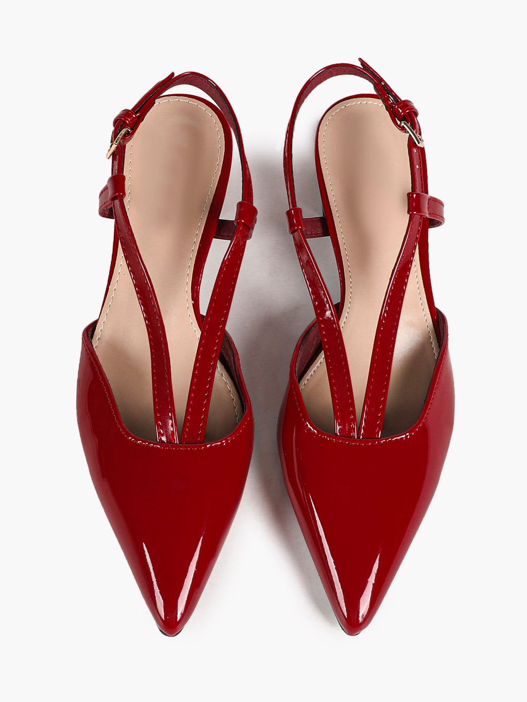Red Patent V-Strap Slingback Heels with Pointed Toe and Low Block Heel