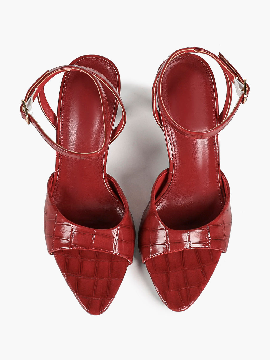 The Artisan Weave: Burgundy Croc-Embossed Patent Sandals with a 3.74" Heel