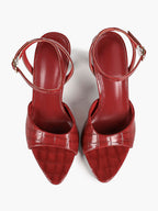 The Artisan Weave: Burgundy Croc-Embossed Patent Sandals with a 3.74" Heel