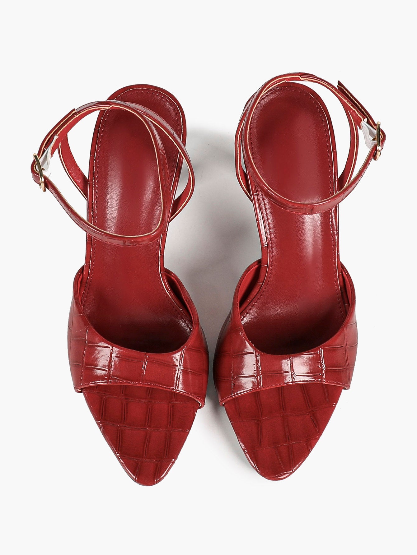 The Artisan Weave: Burgundy Croc-Embossed Patent Sandals with a 3.74" Heel