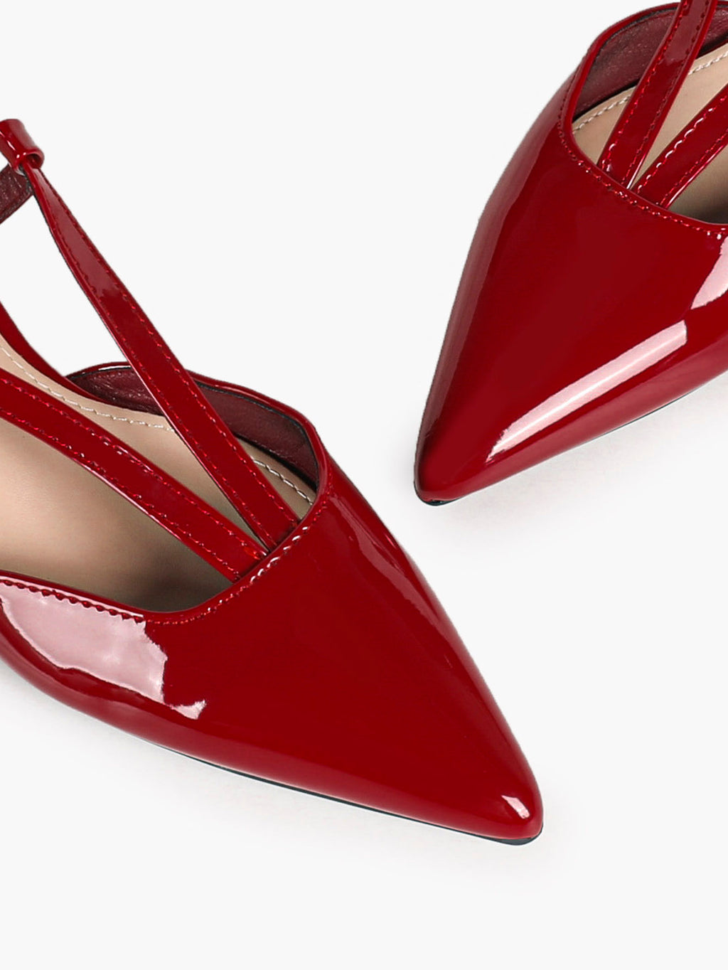 Red Patent V-Strap Slingback Heels with Pointed Toe and Low Block Heel