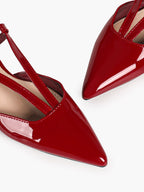 Red Patent V-Strap Slingback Heels with Pointed Toe and Low Block Heel