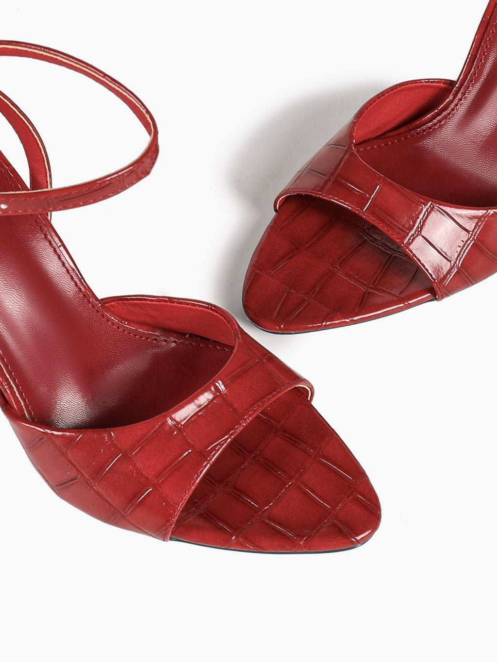 The Artisan Weave: Burgundy Croc-Embossed Patent Sandals with a 3.74" Heel
