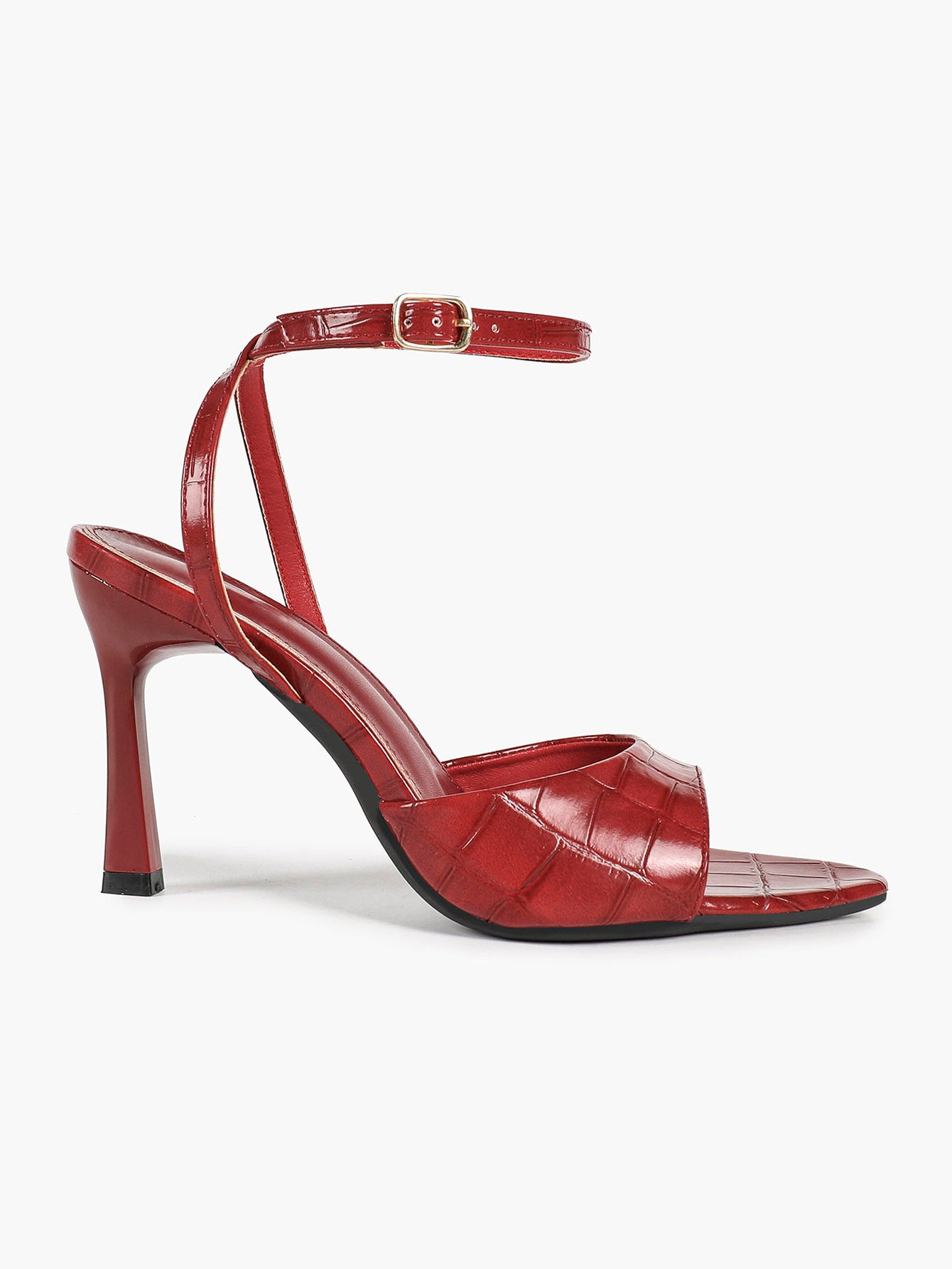 The Artisan Weave: Burgundy Croc-Embossed Patent Sandals with a 3.74" Heel