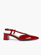 Red Patent V-Strap Slingback Heels with Pointed Toe and Low Block Heel