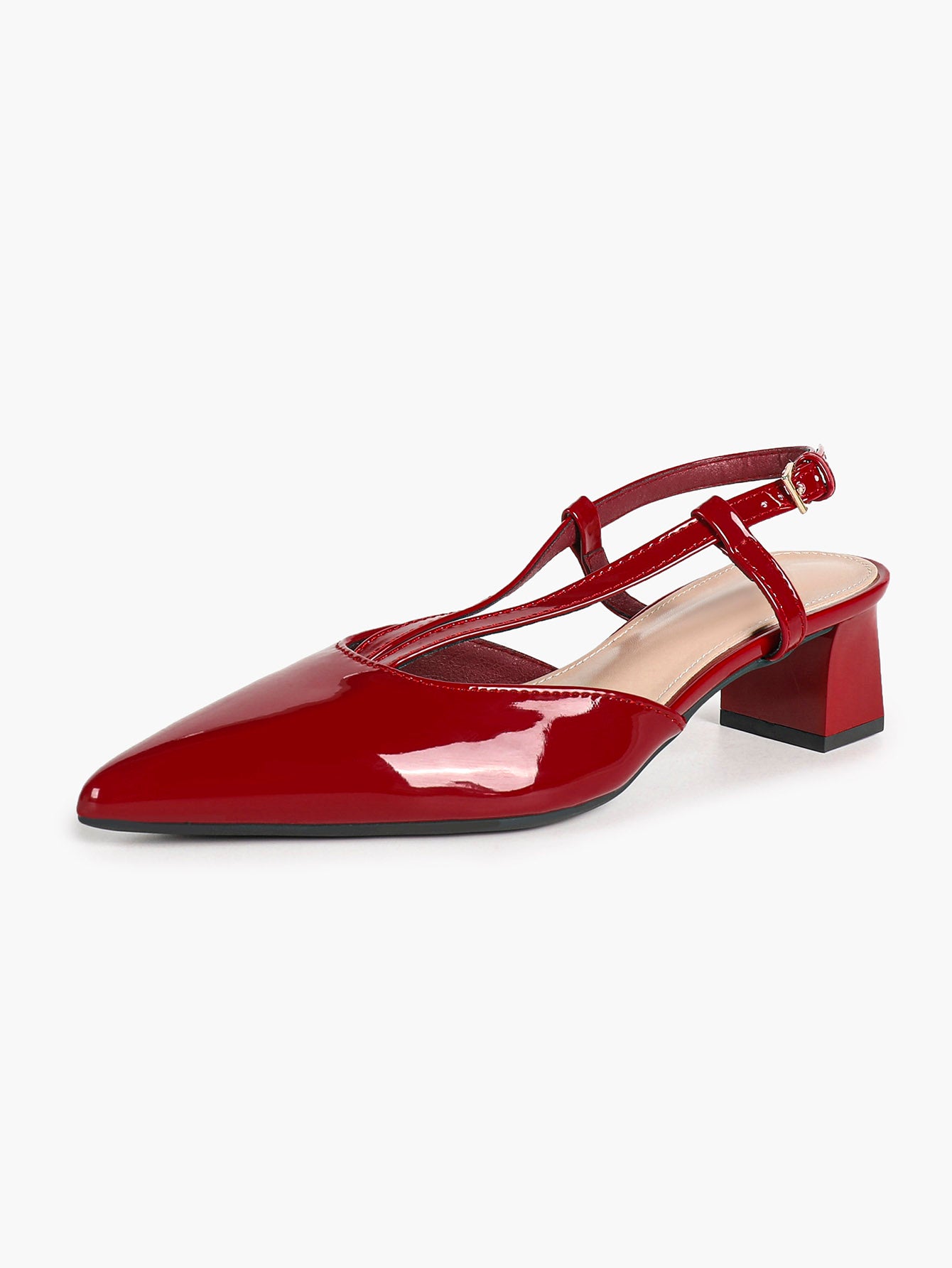 Red Patent V-Strap Slingback Heels with Pointed Toe and Low Block Heel
