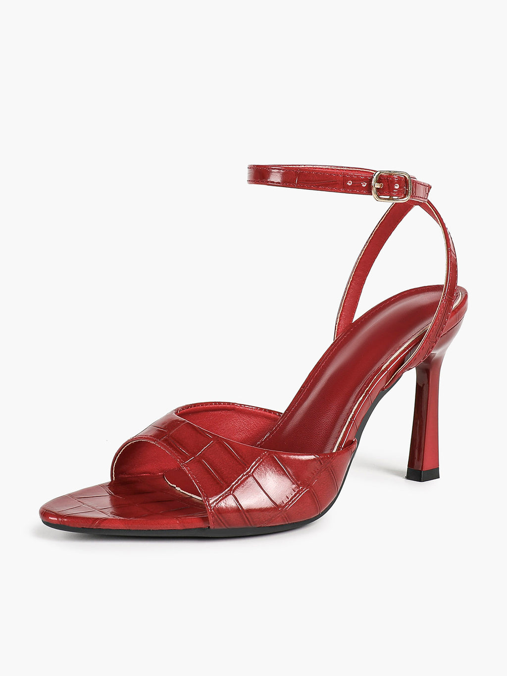 The Artisan Weave: Burgundy Croc-Embossed Patent Sandals with a 3.74" Heel