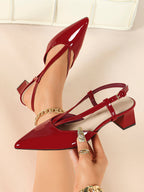 Red Patent V-Strap Slingback Heels with Pointed Toe and Low Block Heel