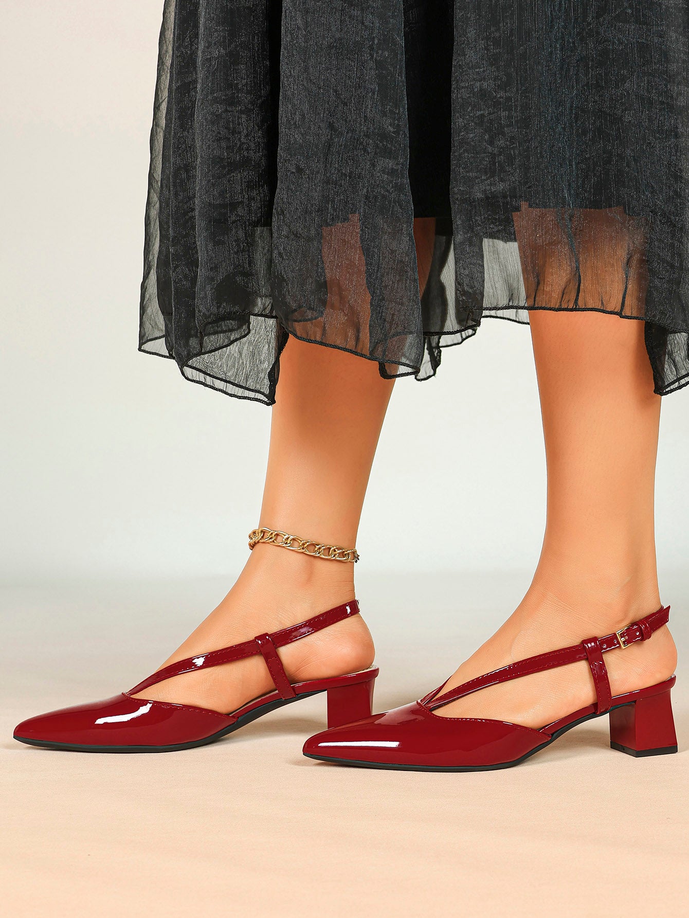 Red Patent V-Strap Slingback Heels with Pointed Toe and Low Block Heel
