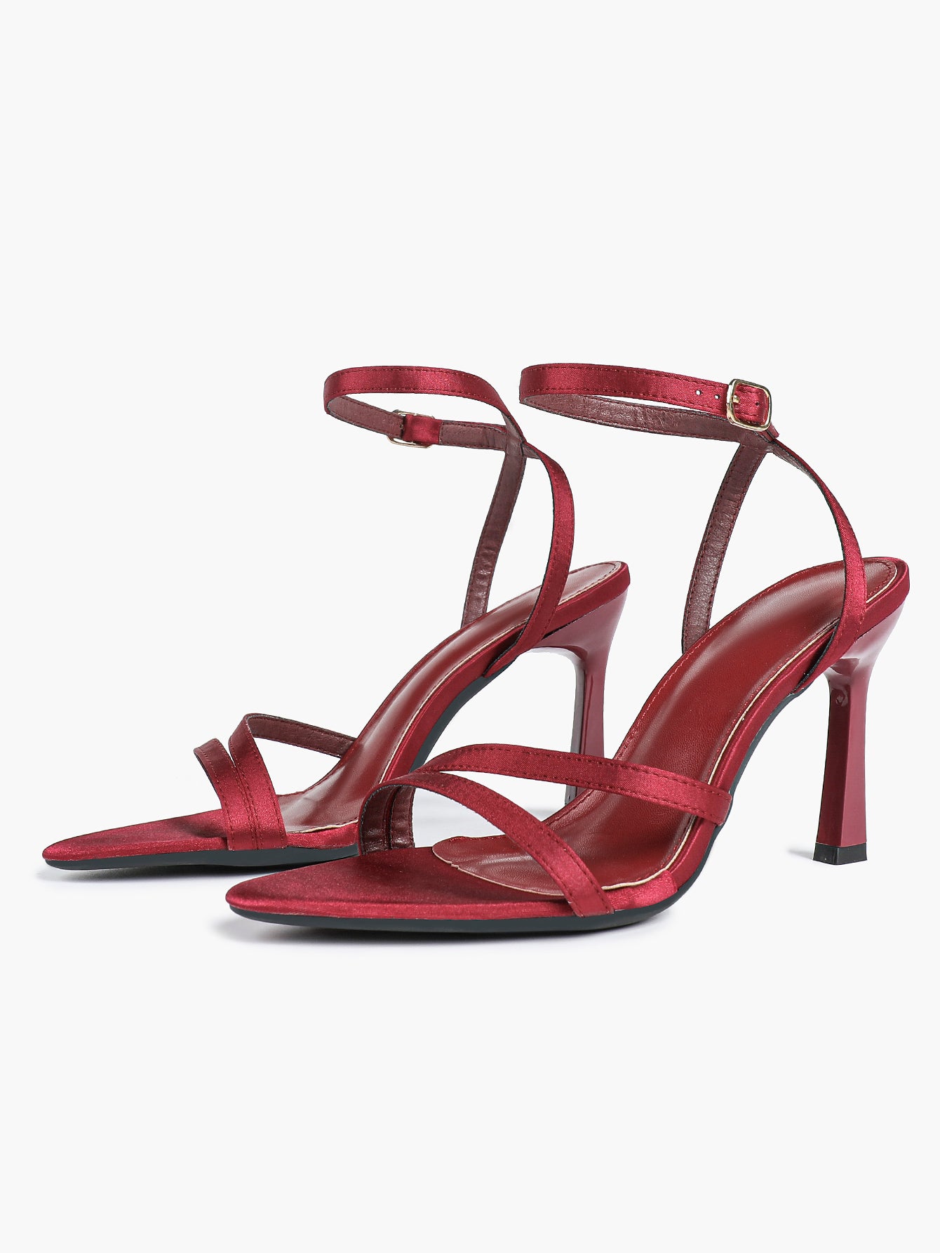 Burgundy Satin Strappy Block Heel Sandals Square Toe Ankle Buckle Heels Party