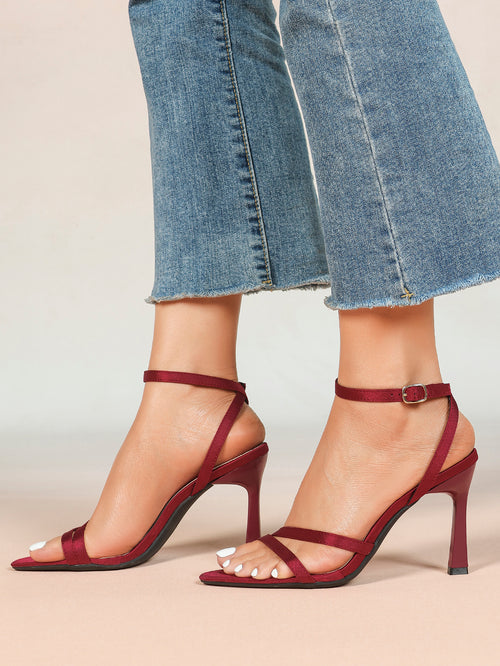 Burgundy Satin Strappy Block Heel Sandals Square Toe Ankle Buckle Heels Party