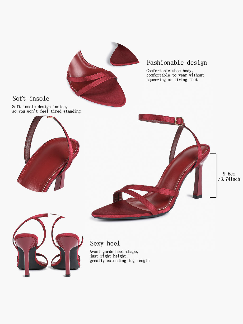 Burgundy Satin Strappy Block Heel Sandals Square Toe Ankle Buckle Heels Party
