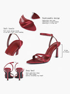Burgundy Satin Strappy Block Heel Sandals Square Toe Ankle Buckle Heels Party