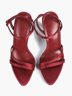 Burgundy Satin Strappy Block Heel Sandals Square Toe Ankle Buckle Heels Party