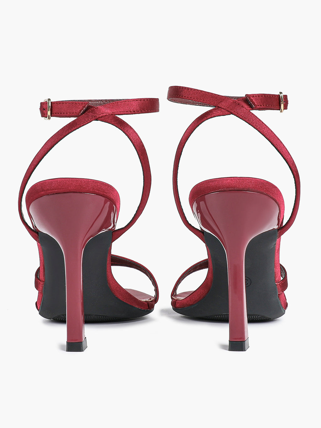 Burgundy Satin Strappy Block Heel Sandals Square Toe Ankle Buckle Heels Party