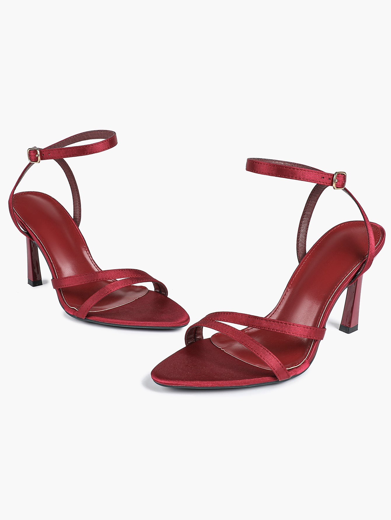 Burgundy Satin Strappy Block Heel Sandals Square Toe Ankle Buckle Heels Party