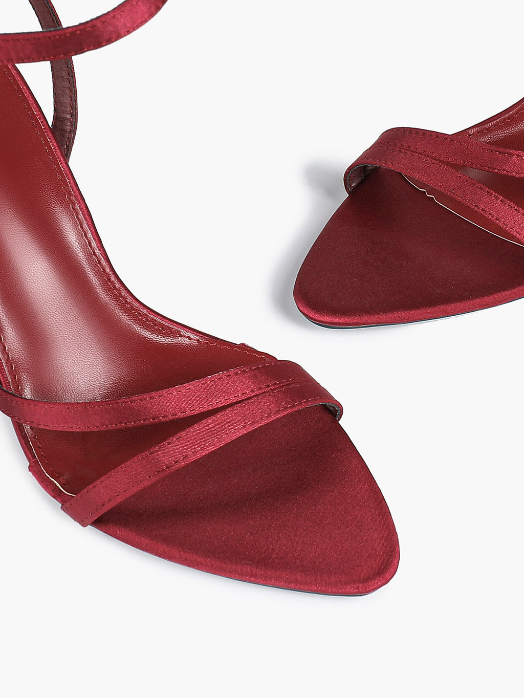 Burgundy Satin Strappy Block Heel Sandals Square Toe Ankle Buckle Heels Party
