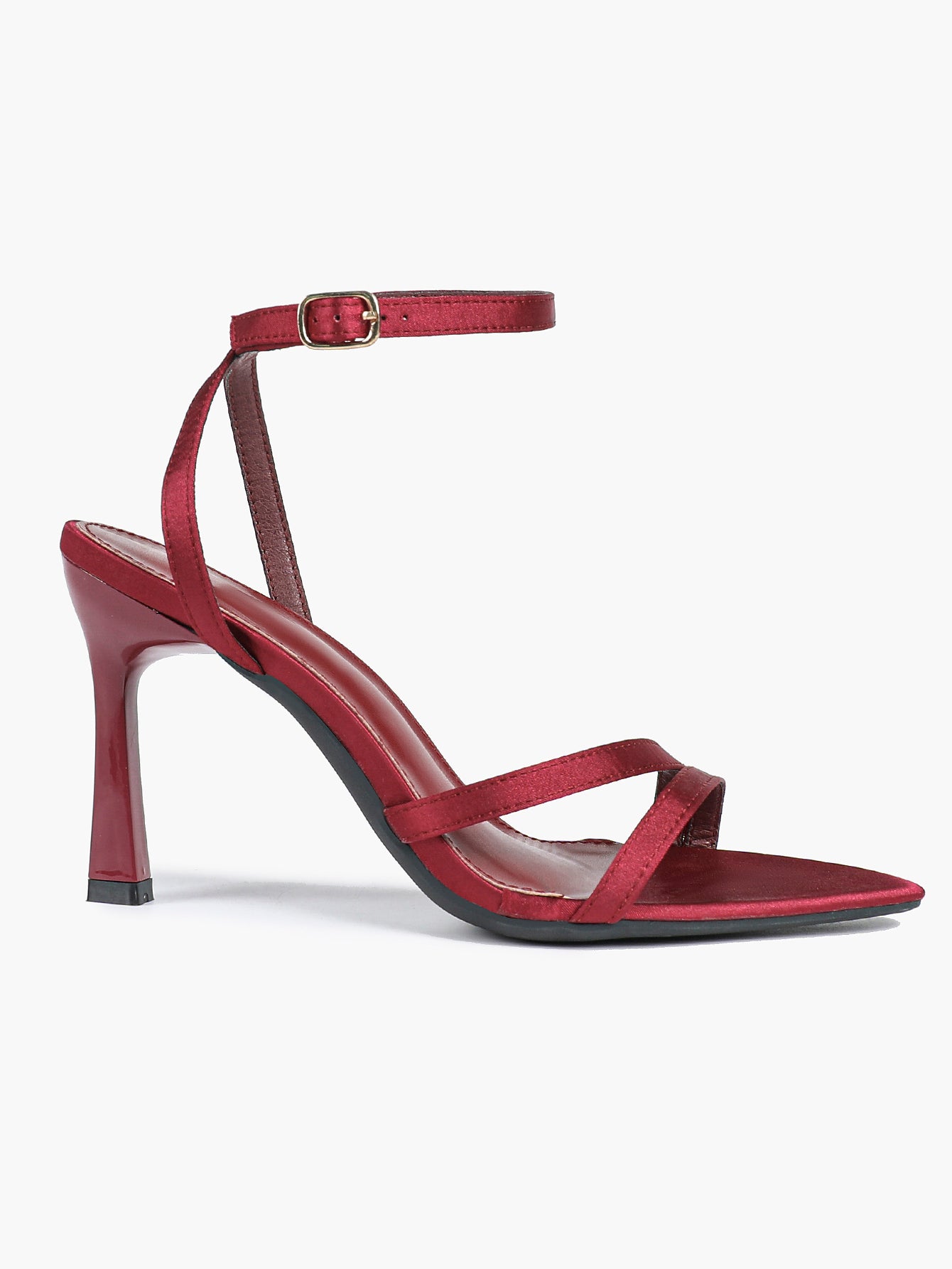 Burgundy Satin Strappy Block Heel Sandals Square Toe Ankle Buckle Heels Party