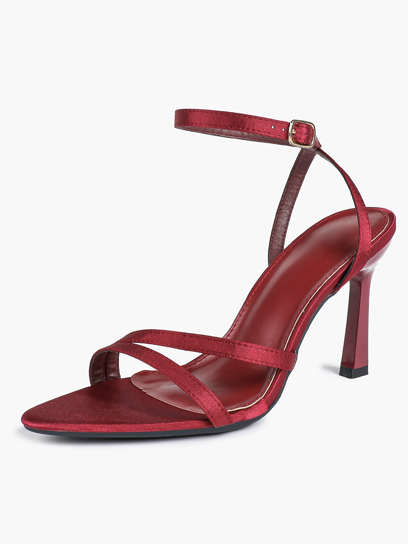 Burgundy Satin Strappy Block Heel Sandals Square Toe Ankle Buckle Heels Party