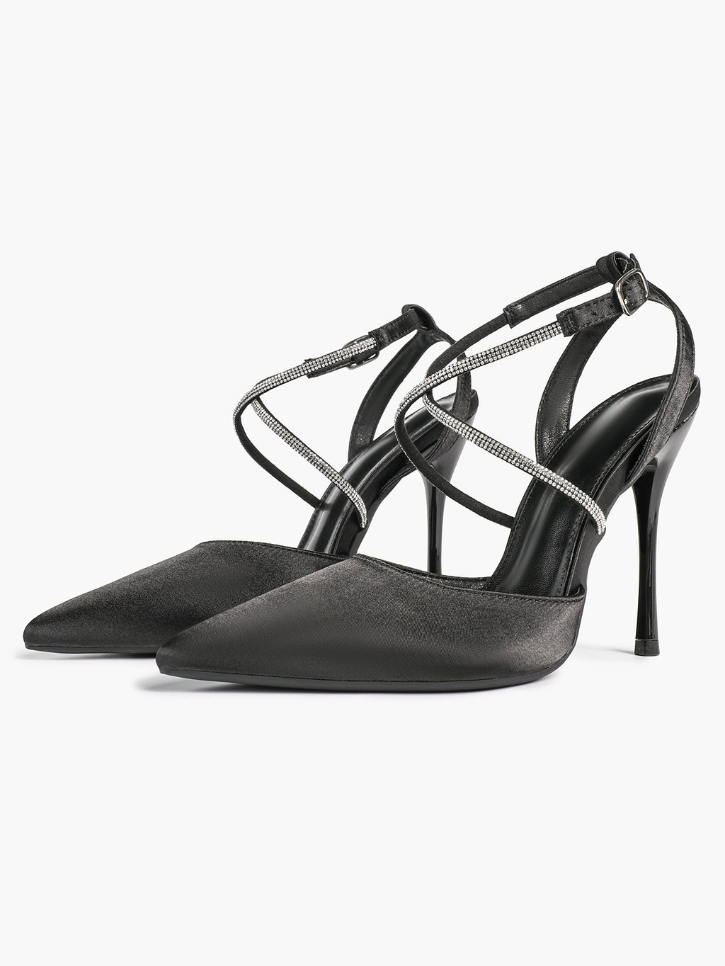 Black Satin Rhinestone Crisscross Slingback Heeled Pumps Party Evening