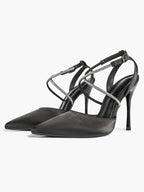 Black Satin Rhinestone Crisscross Slingback Heeled Pumps Party Evening