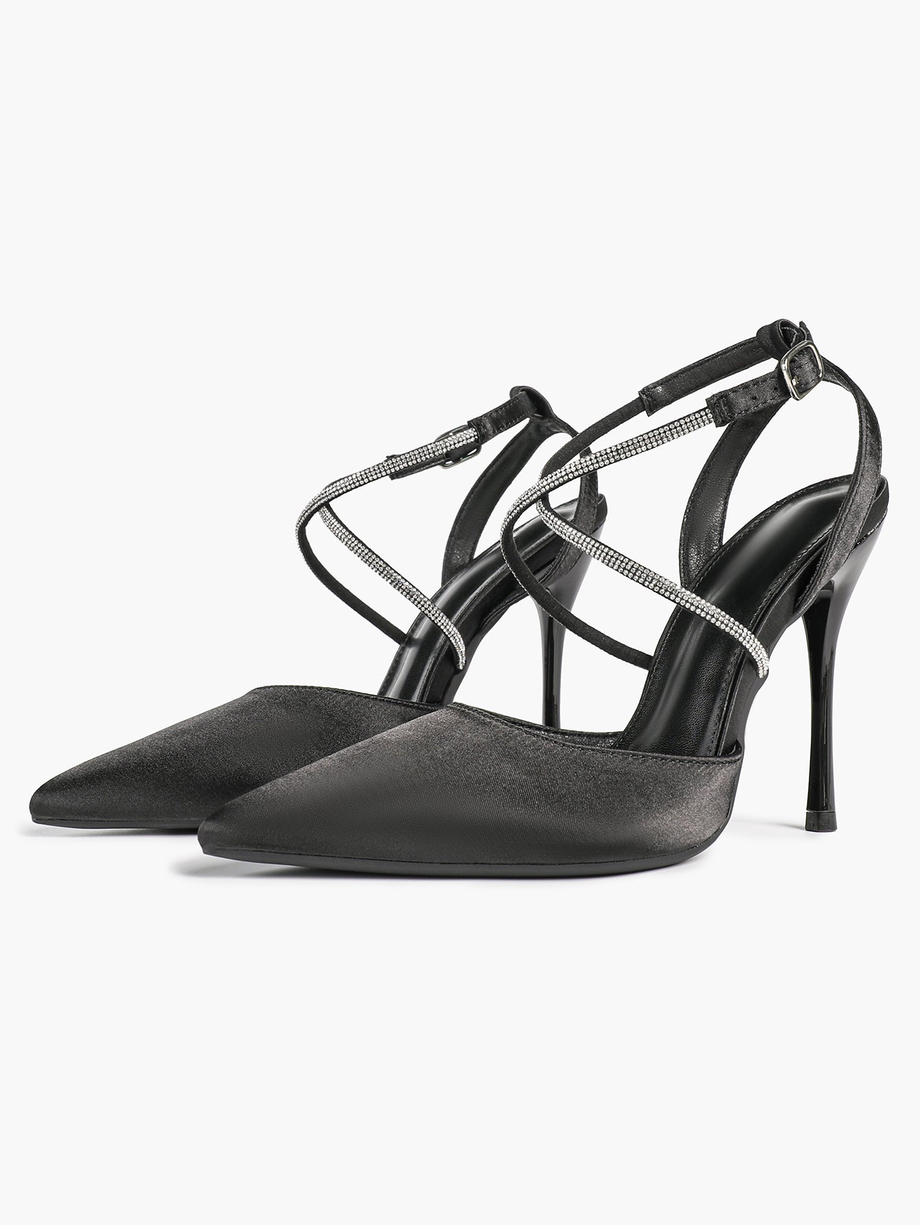 Black Satin Rhinestone Crisscross Slingback Heeled Pumps Party Evening