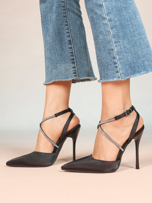 Black Satin Rhinestone Crisscross Slingback Heeled Pumps Party Evening