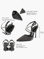 Black Satin Rhinestone Crisscross Slingback Heeled Pumps Party Evening