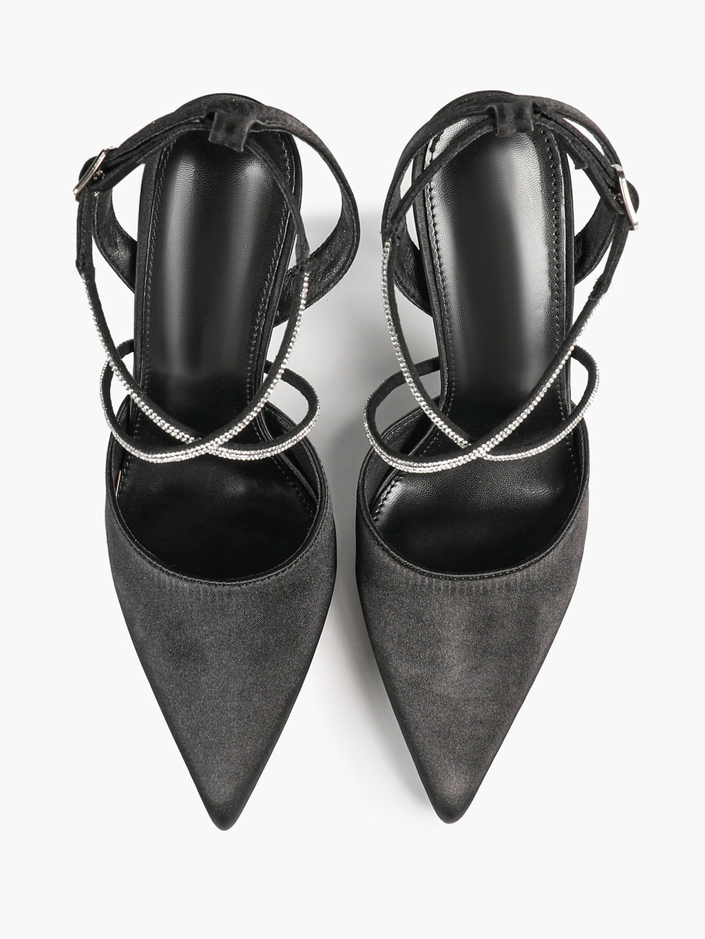 Black Satin Rhinestone Crisscross Slingback Heeled Pumps Party Evening