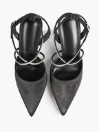 Black Satin Rhinestone Crisscross Slingback Heeled Pumps Party Evening