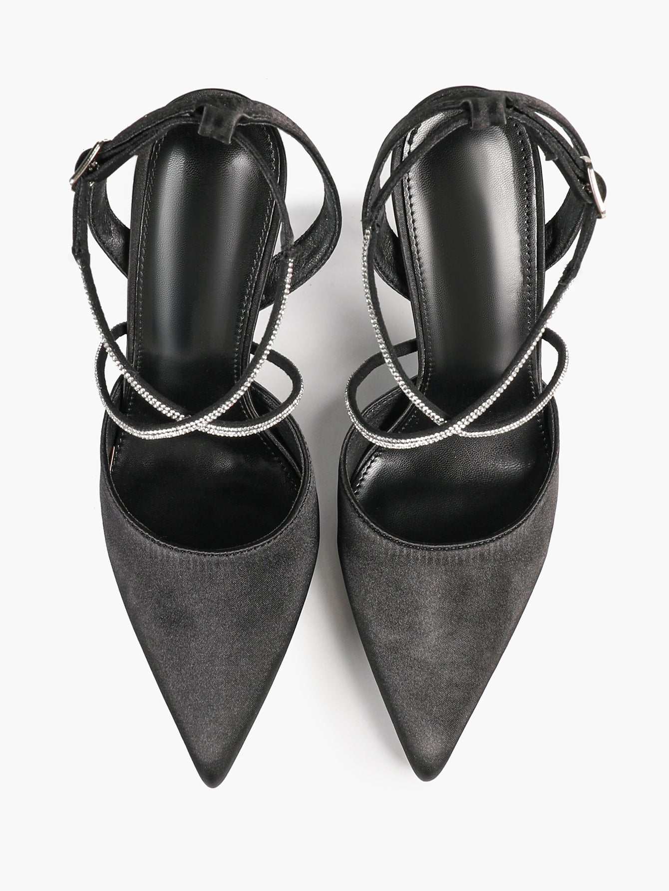 Black Satin Rhinestone Crisscross Slingback Heeled Pumps Party Evening