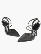 Black Satin Rhinestone Crisscross Slingback Heeled Pumps Party Evening