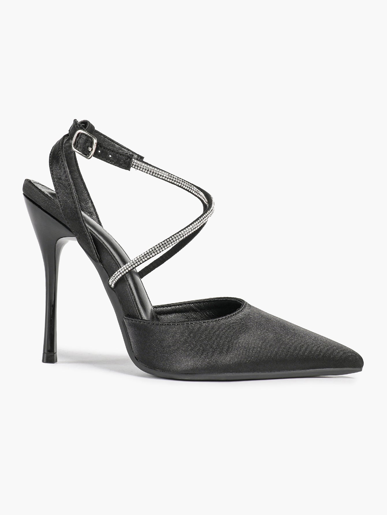 Black Satin Rhinestone Crisscross Slingback Heeled Pumps Party Evening
