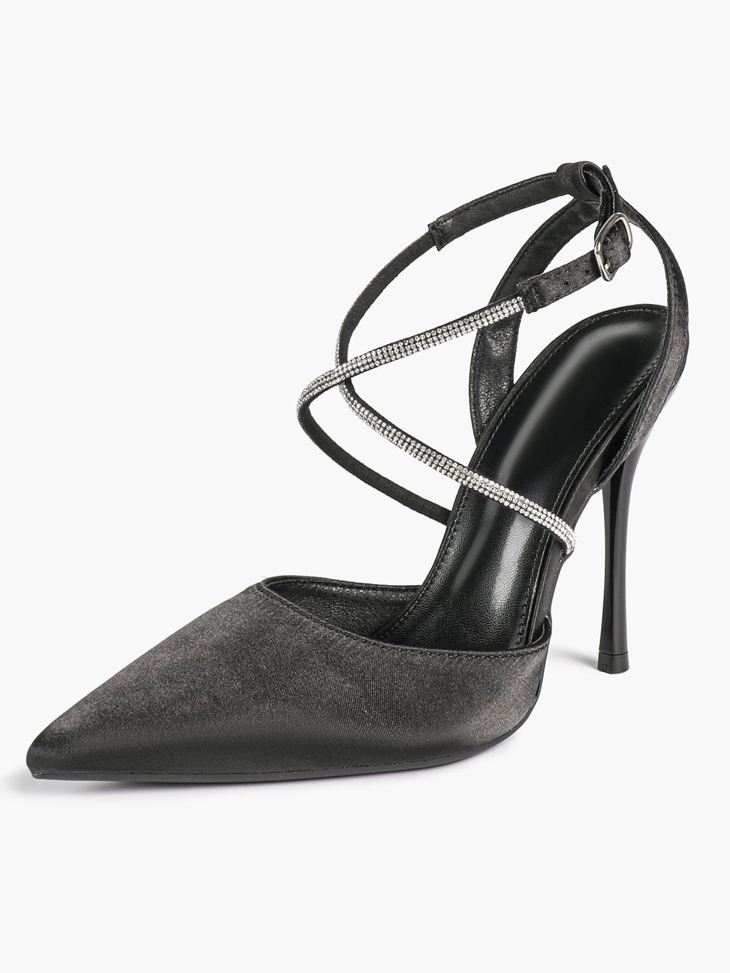 Black Satin Rhinestone Crisscross Slingback Heeled Pumps Party Evening
