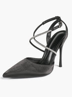 Black Satin Rhinestone Crisscross Slingback Heeled Pumps Party Evening