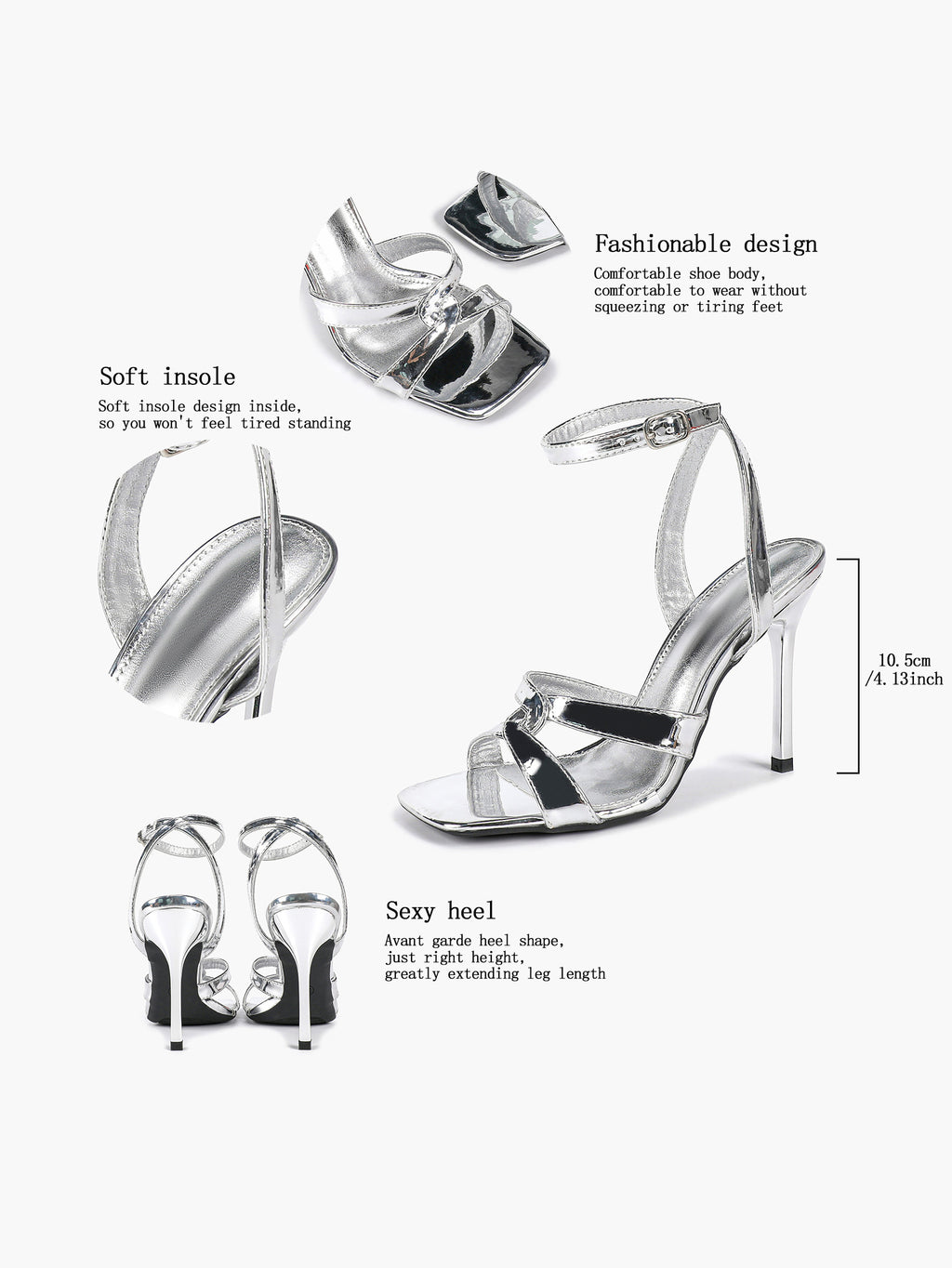 Silver Metallic Cross Strap Ankle Strap Heeled Sandals Stiletto Pumps  Evening Party