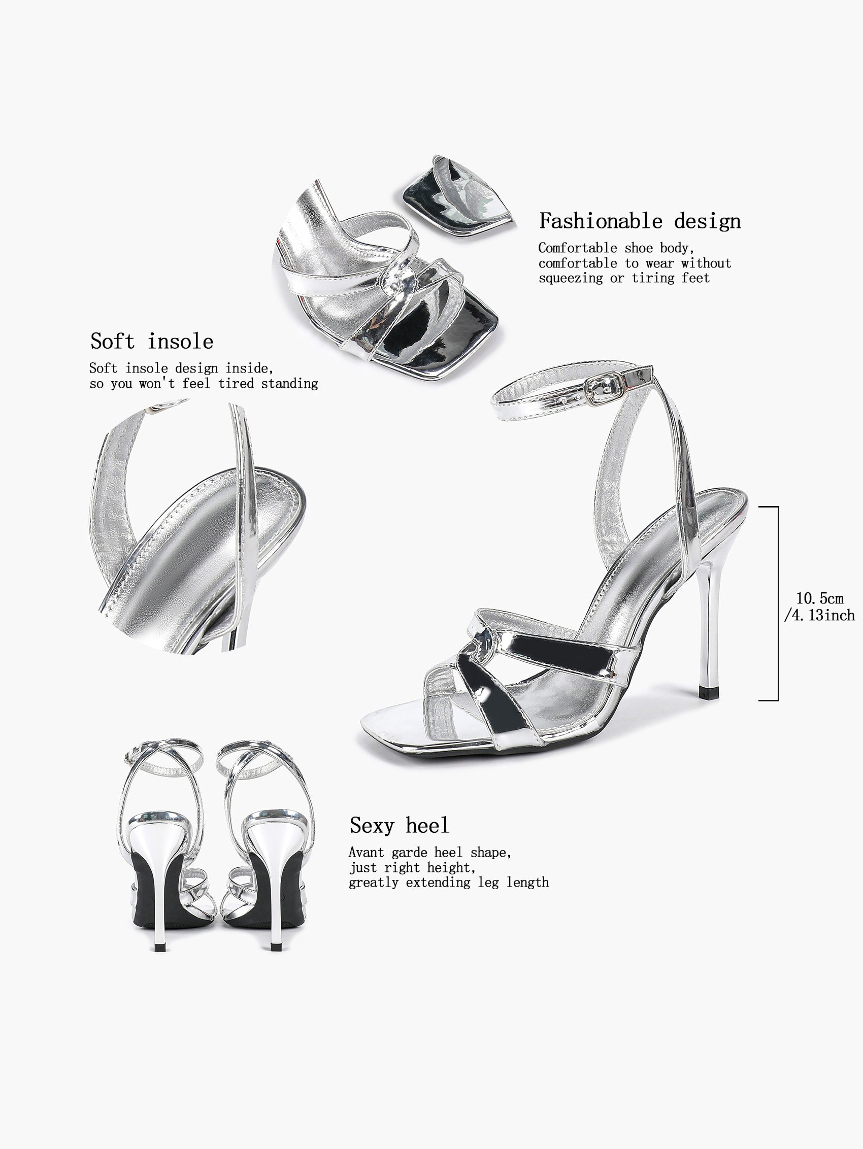 Silver Metallic Cross Strap Ankle Strap Heeled Sandals Stiletto Pumps  Evening Party