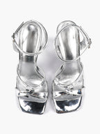 Silver Metallic Cross Strap Ankle Strap Heeled Sandals Stiletto Pumps  Evening Party