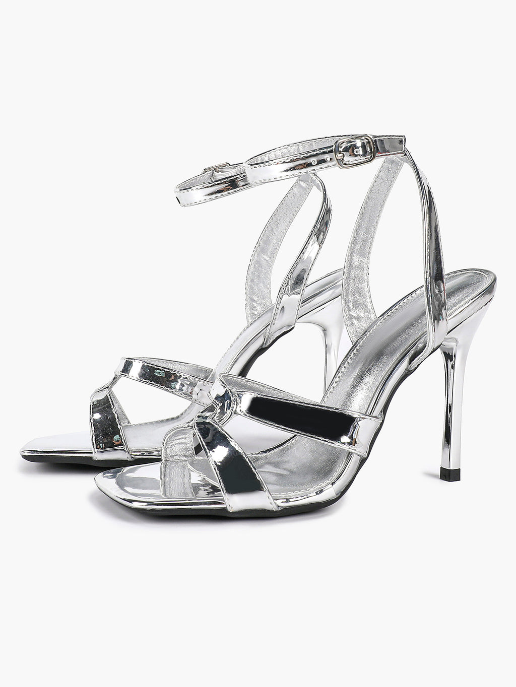 Silver Metallic Cross Strap Ankle Strap Heeled Sandals Stiletto Pumps  Evening Party