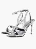 Silver Metallic Cross Strap Ankle Strap Heeled Sandals Stiletto Pumps  Evening Party