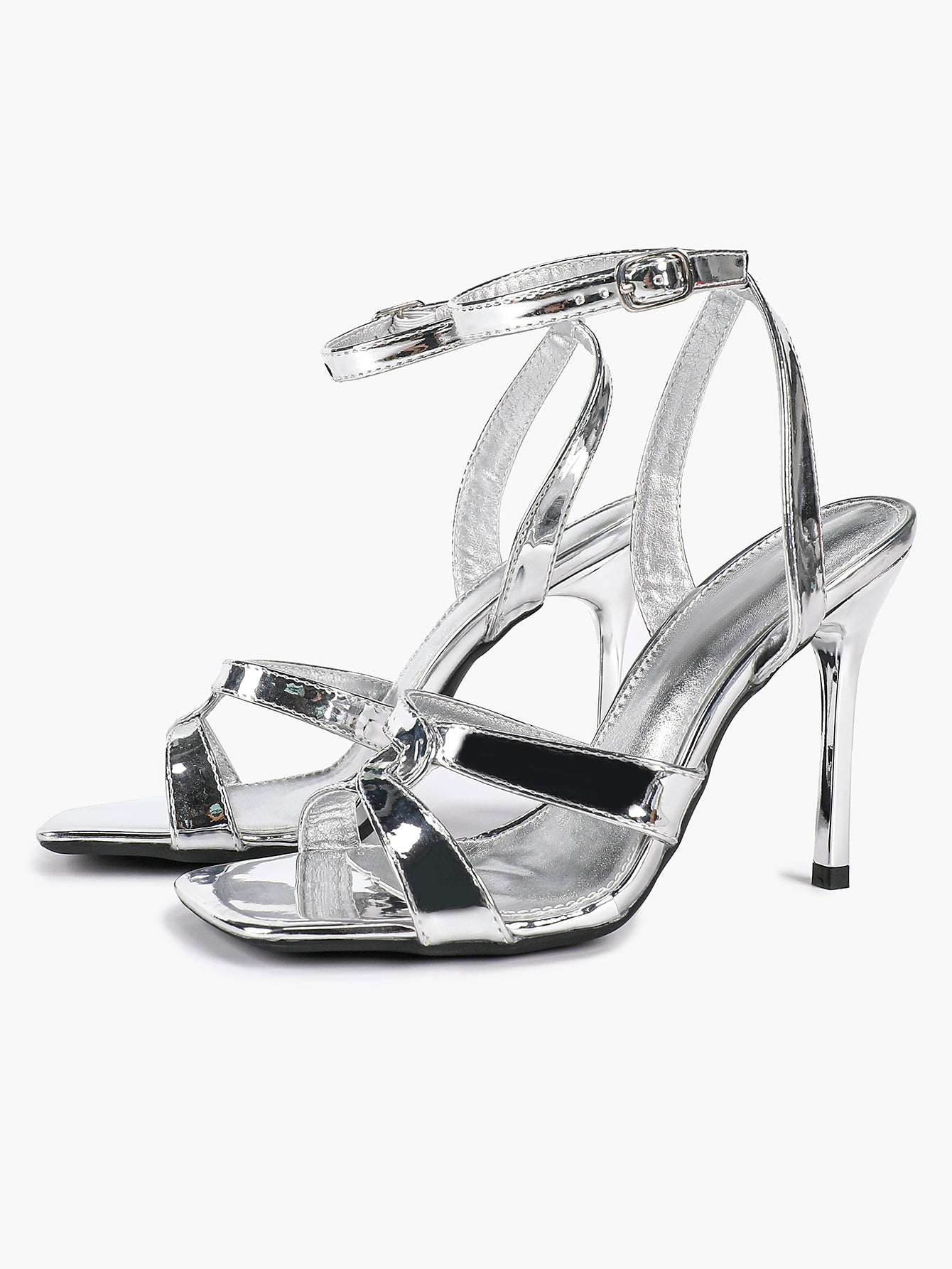 Silver Metallic Cross Strap Ankle Strap Heeled Sandals Stiletto Pumps  Evening Party