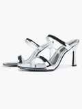 Metallic Silver Strap Heeled Mules Square Toe Block Heel Sandals Party Casual Shoes